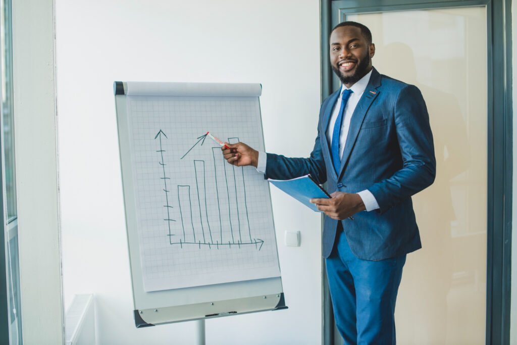 Sales rep presenting with confidence.